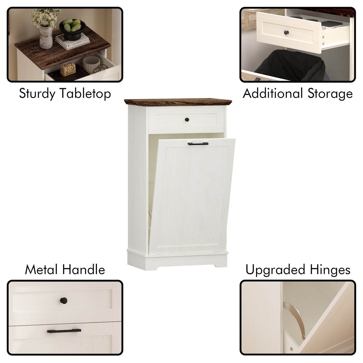Tilt-Out Trash Cabinet - Freestanding Wood Recycling Bin with Drawer, Antique Brown & White