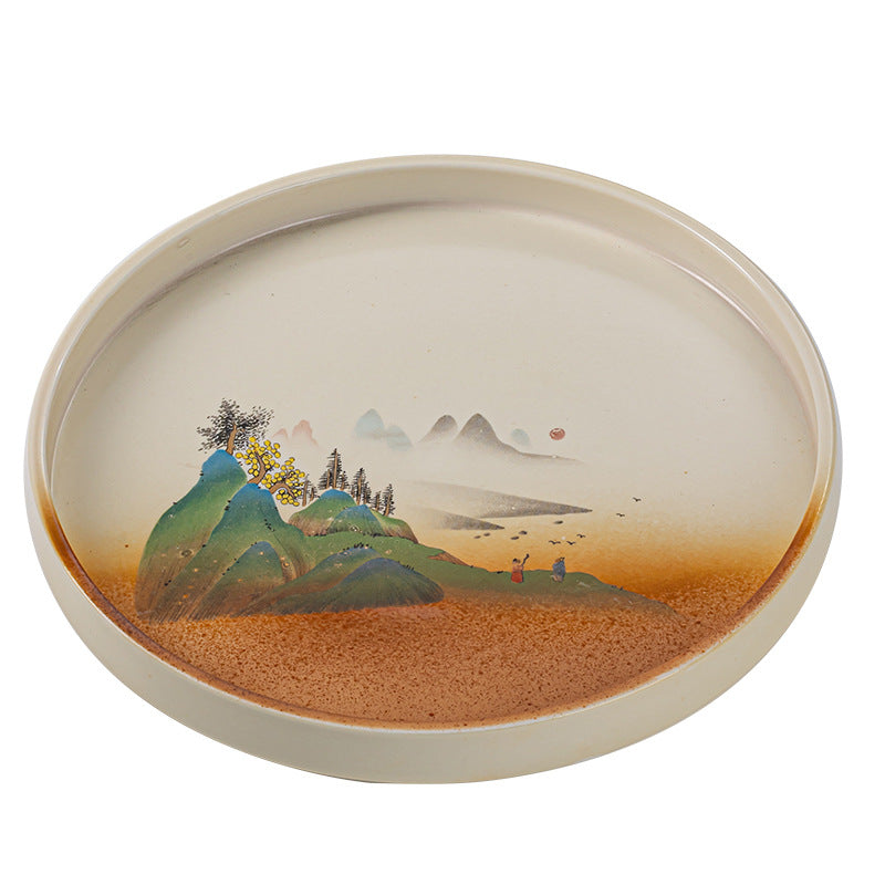 Japanese Style Ceramic Tea Saucer with Bamboo Tray - Round Household Tea Holder
