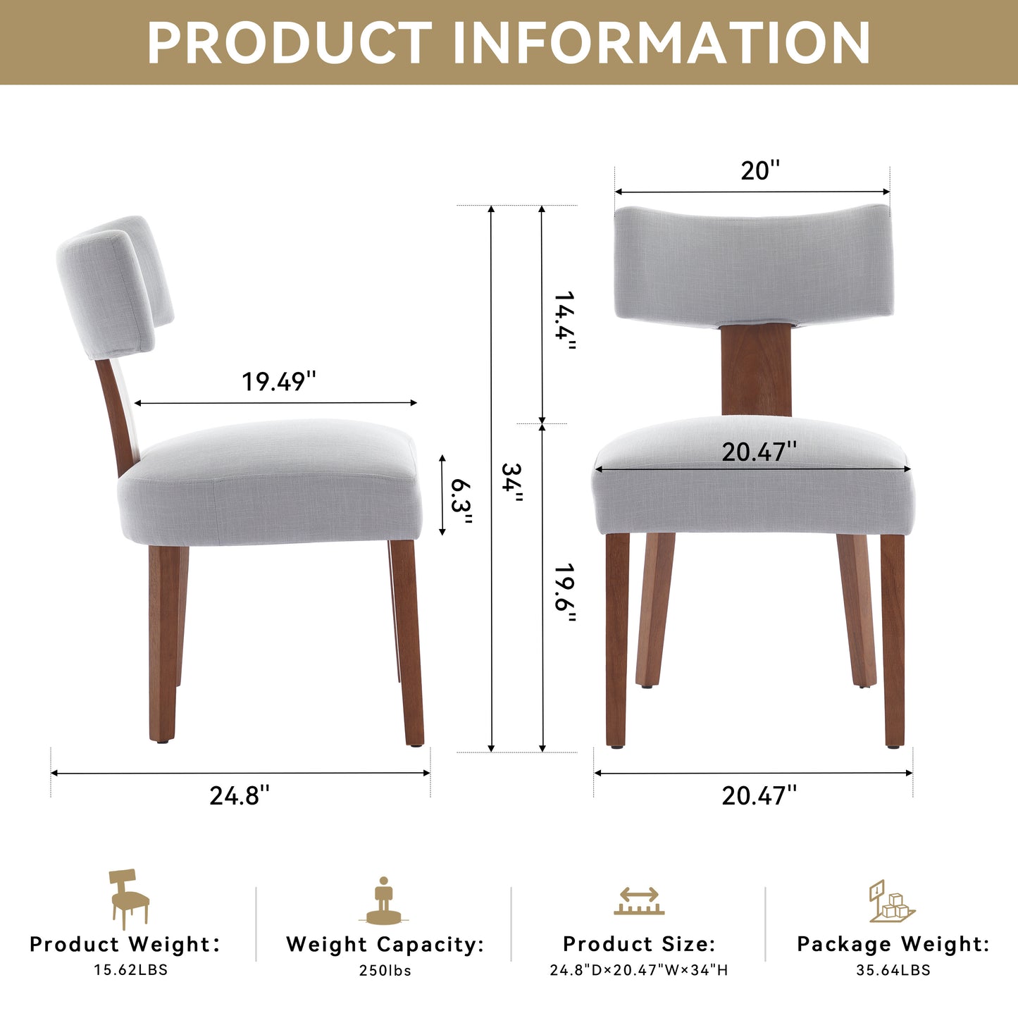 Set of 2 Gray Linen Modern Dining Chairs with Curved Backrest