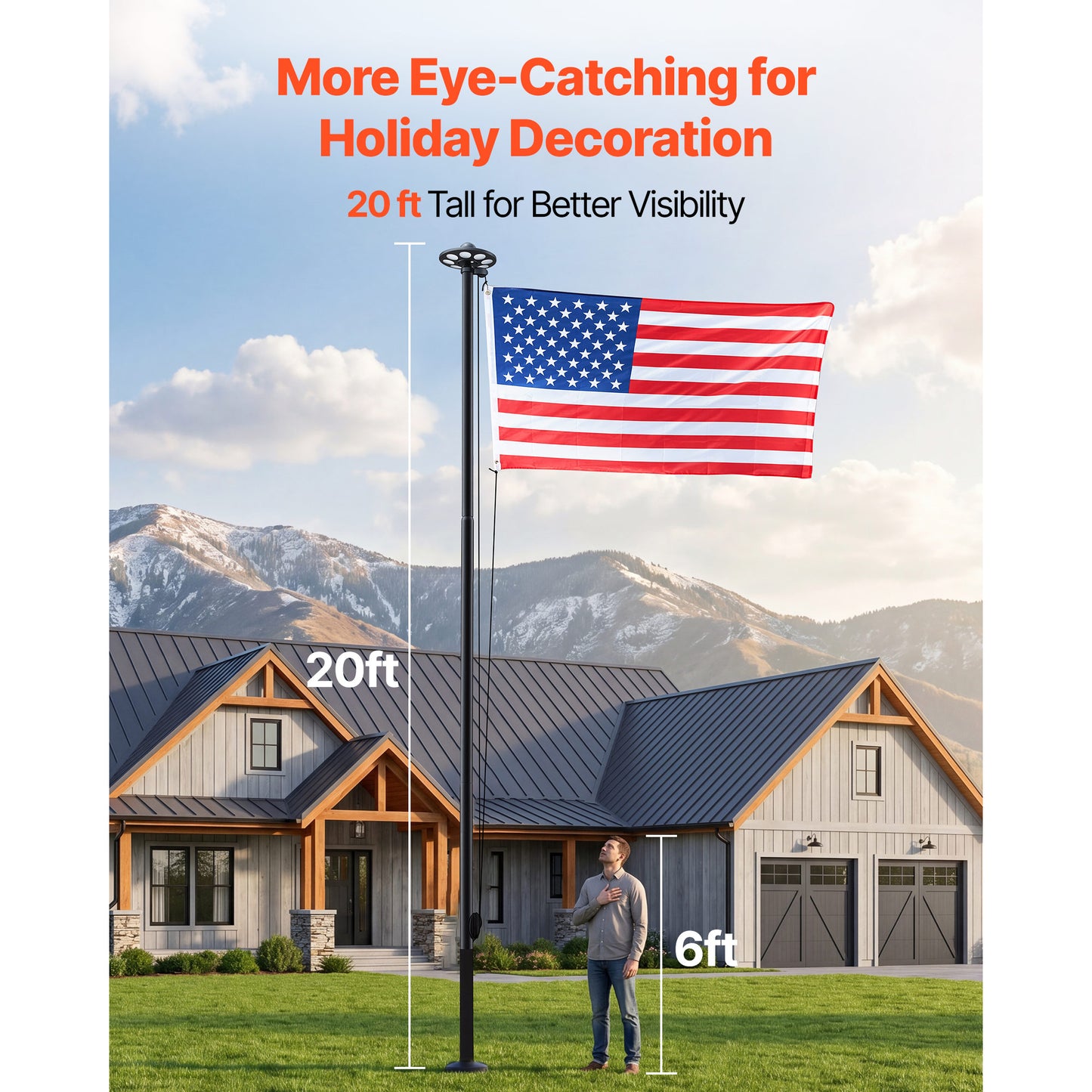 20ft Heavy Duty Aluminum Flag Pole Kit with 136 LED Solar Light and American Flag for Yard and Garden