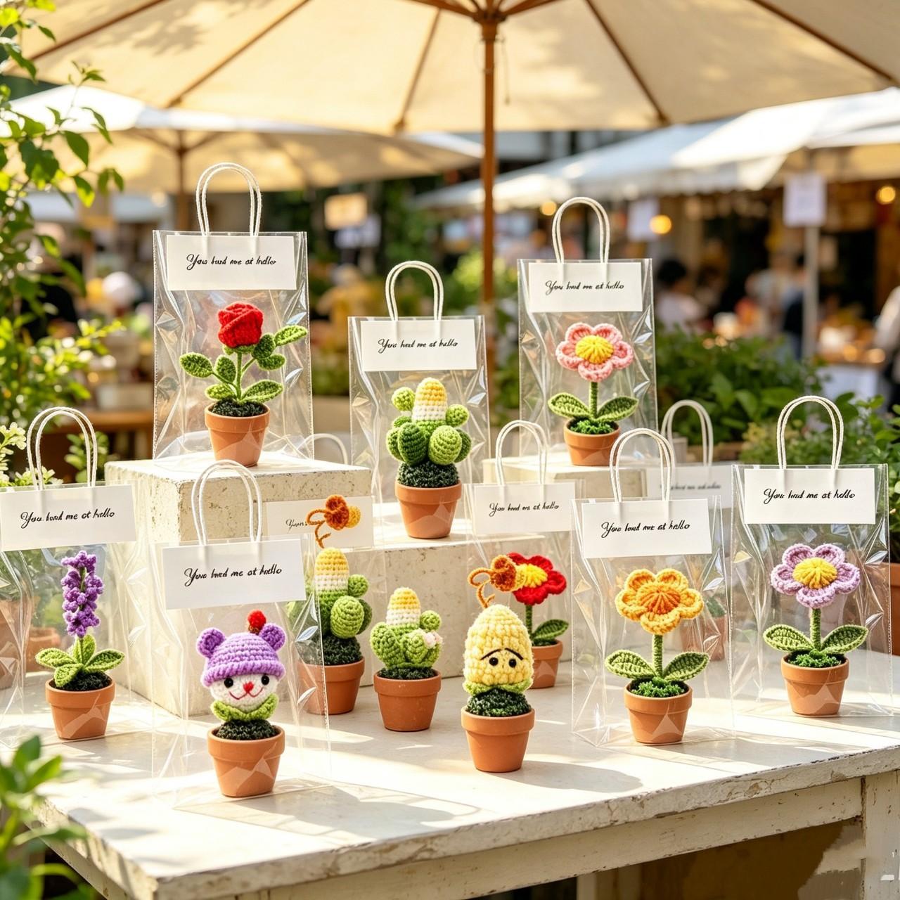 Handmade Yarn Flower Pot Ornaments - Various Styles for Home & Garden Decor