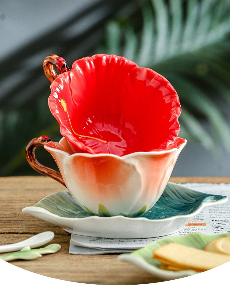 Handmade Enamel Ceramic Coffee Cup with Plate and Spoon - Latte Art Drinkware