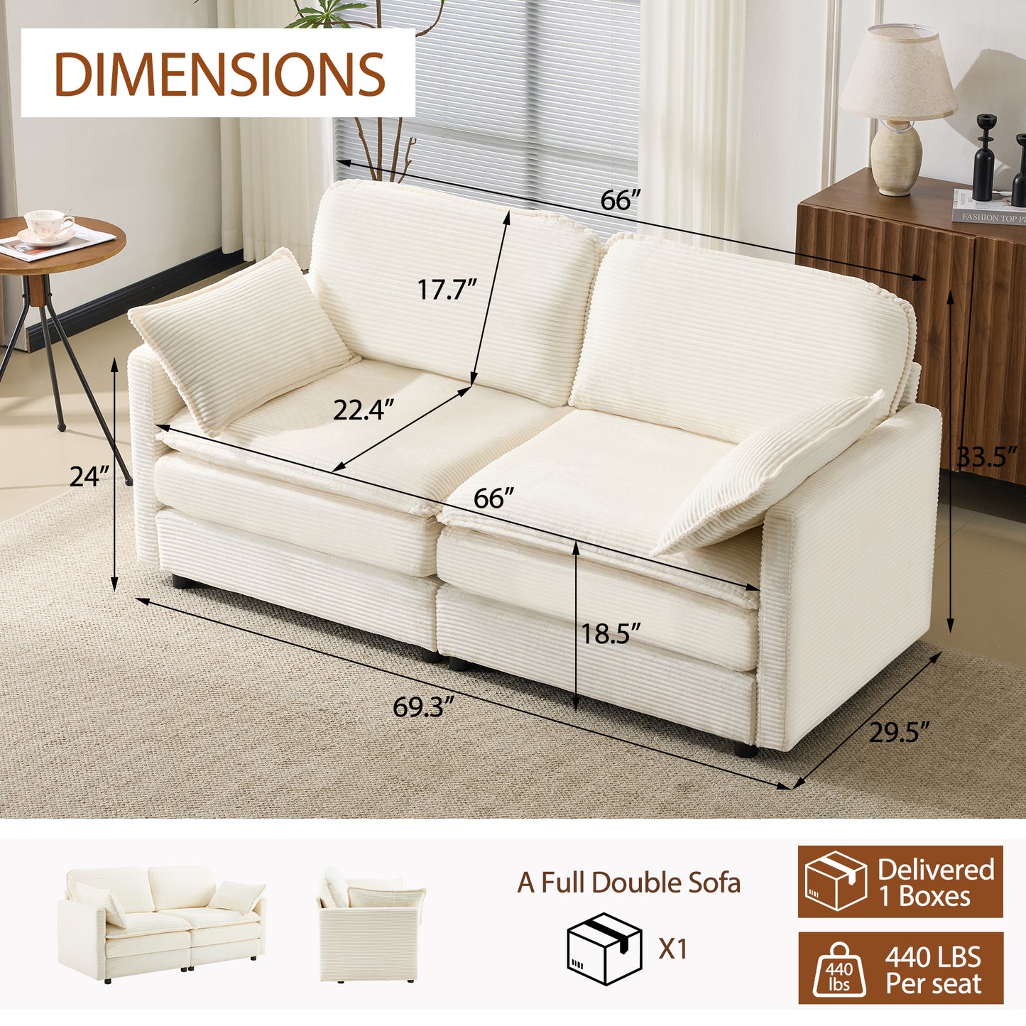 Modular 2-Seater Sectional Sofa with 22" Beige Cushions & 2 Pillows - Compact