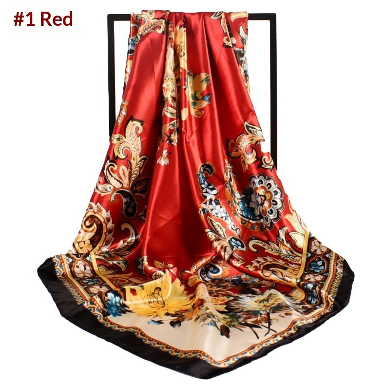 Retro Paisley Satin Square Scarf - Floral Print Large Neck Head Wrap