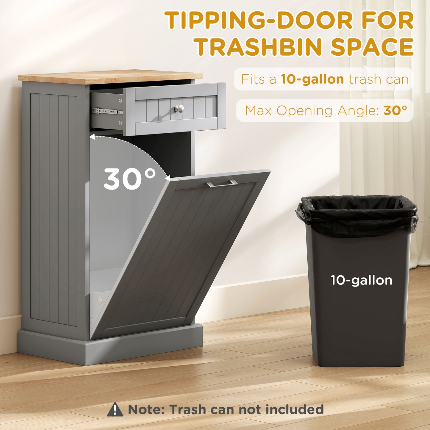 Tilt-Out Trash Bin Cabinet with Drawer - Gray Kitchen Organizer