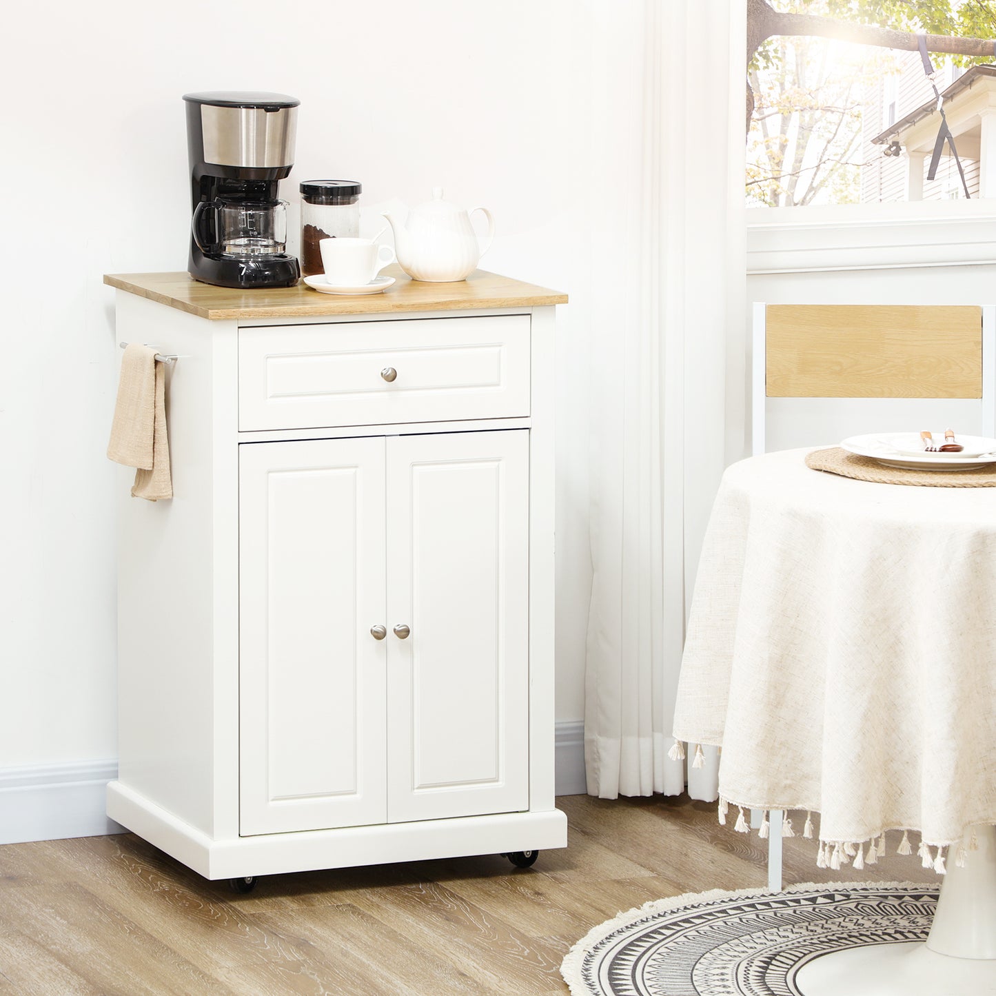 Portable Kitchen Island Cart with Drawer & Towel Racks - Cream White