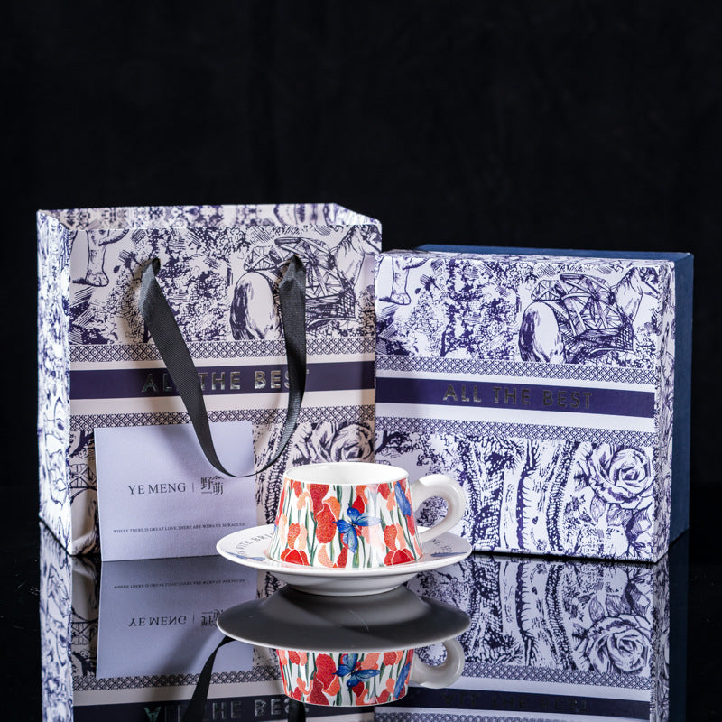 Elegant Iris Flower Ceramic Coffee Cup Set with Gift Box - Multiple Styles & Sizes