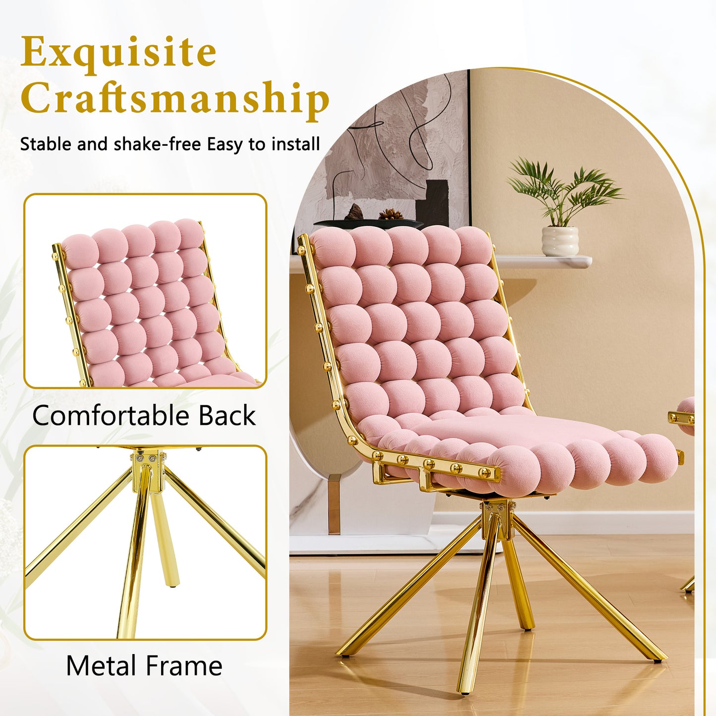 Set of 2 Plush Velvet Pink Bubble Tufted Accent Chairs - Gold Legs