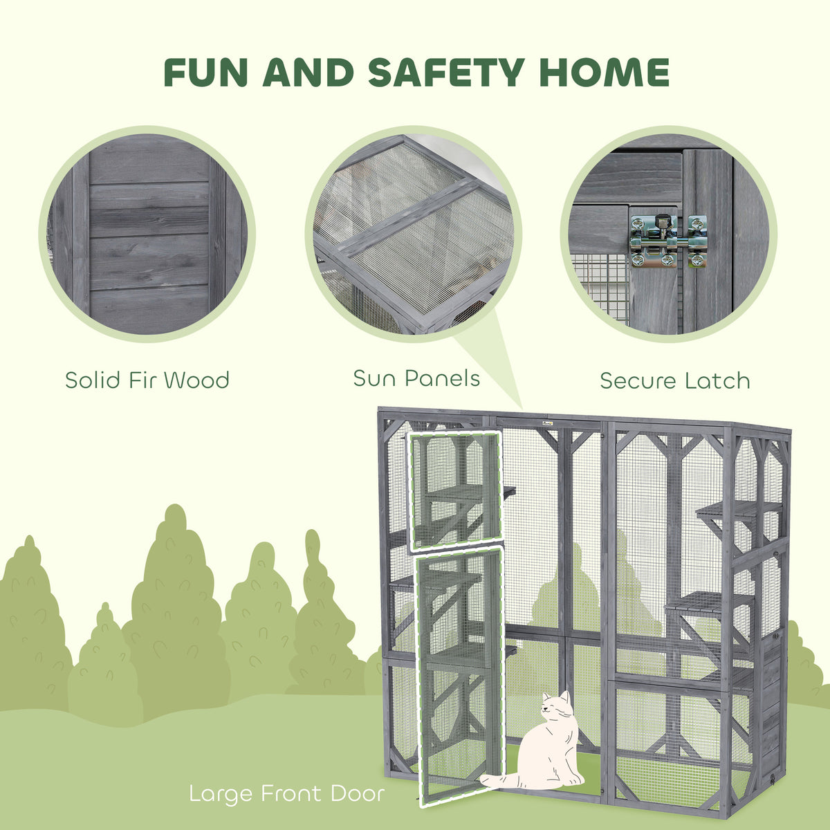 Large Wooden Catio Outdoor Enclosure with 6 Jumping Platforms for 1-3 Cats - Weatherproof Roof, Gray, 59 x 28 x 60 Inches