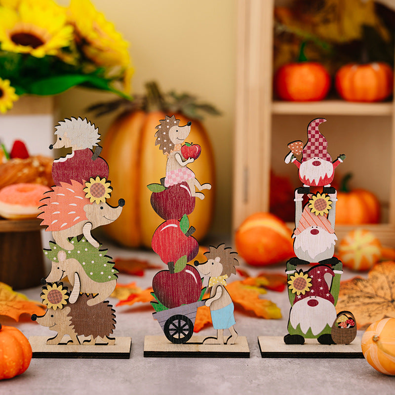 Harvest Season Wooden Christmas Ornaments Set - Hedgehog, Pumpkin, Apple & Doll Styles