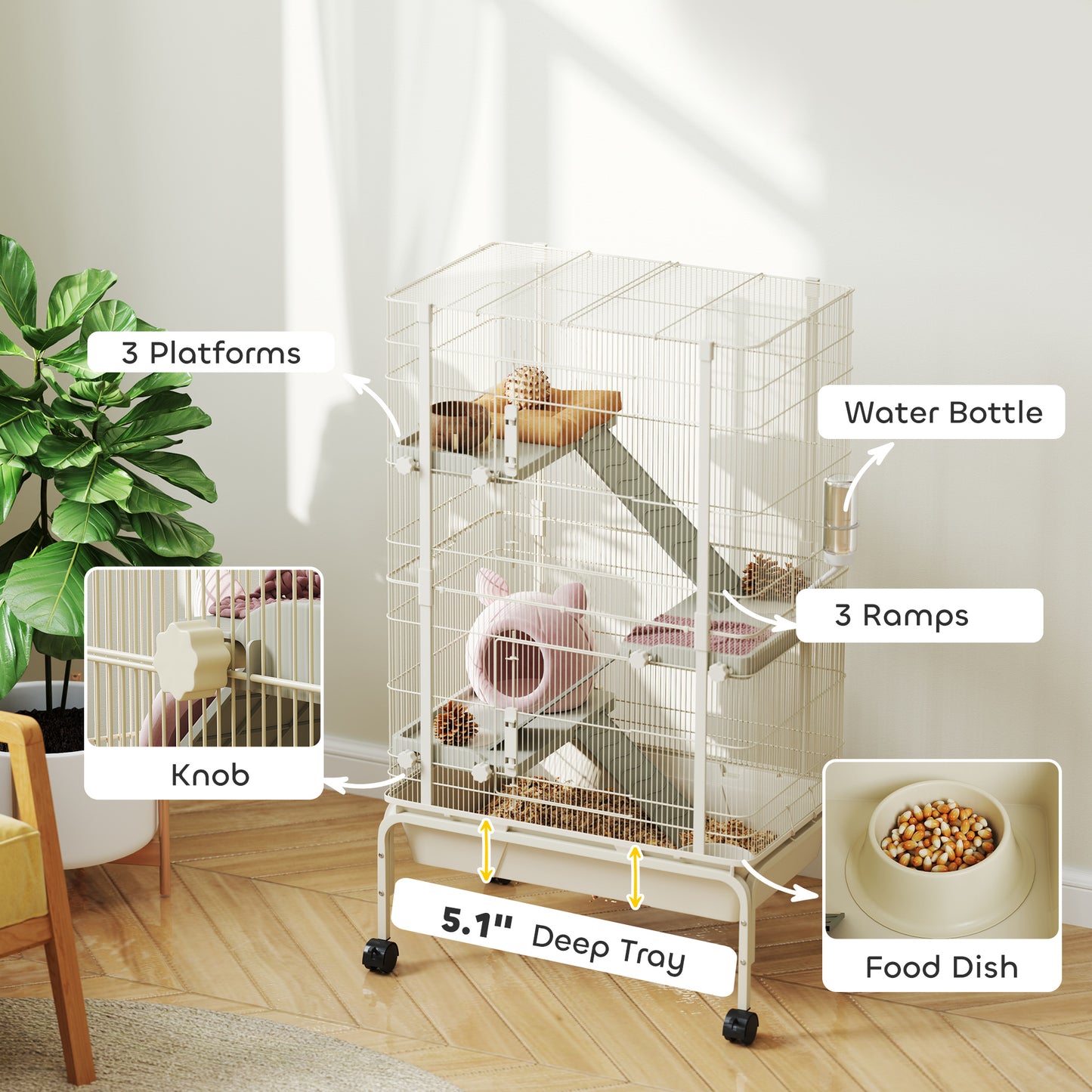 Small Animal Cage with 4 Levels and Rolling Metal Frame - Beige, 47 Inches