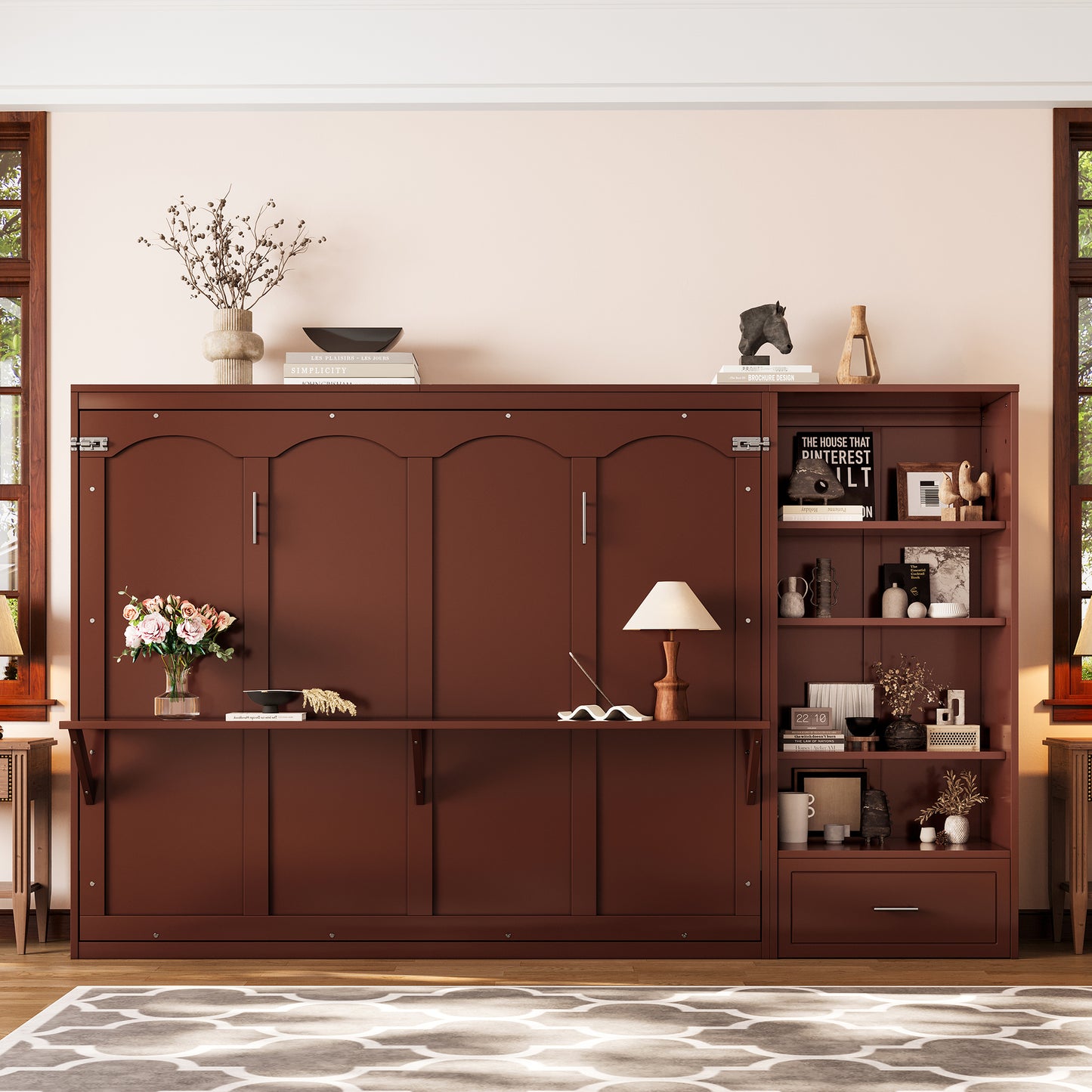 Queen Size Murphy Bed With Height Adjustable Storage Compartments And