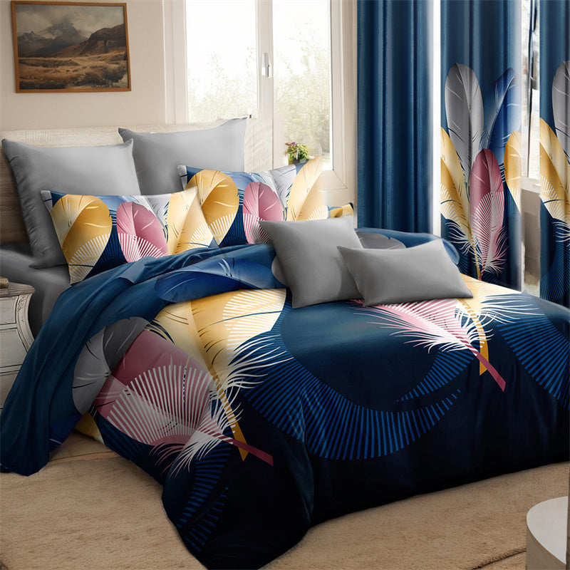 9-Piece Boho Feather Quilt and Curtain Set - Customizable Panels