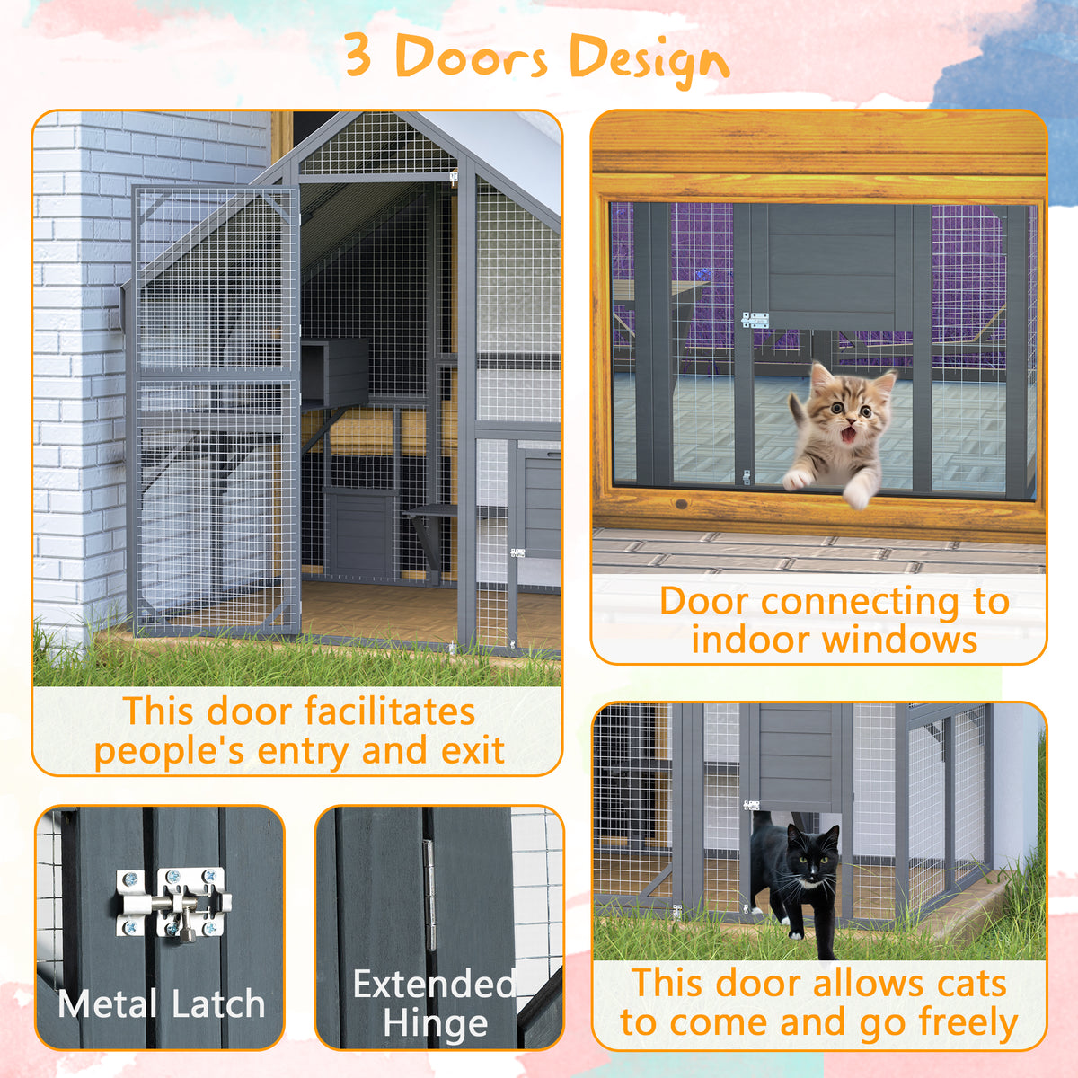 Outdoor Cat House with 2 Doors & Play Areas - Wooden Cat Enclosure, Grey