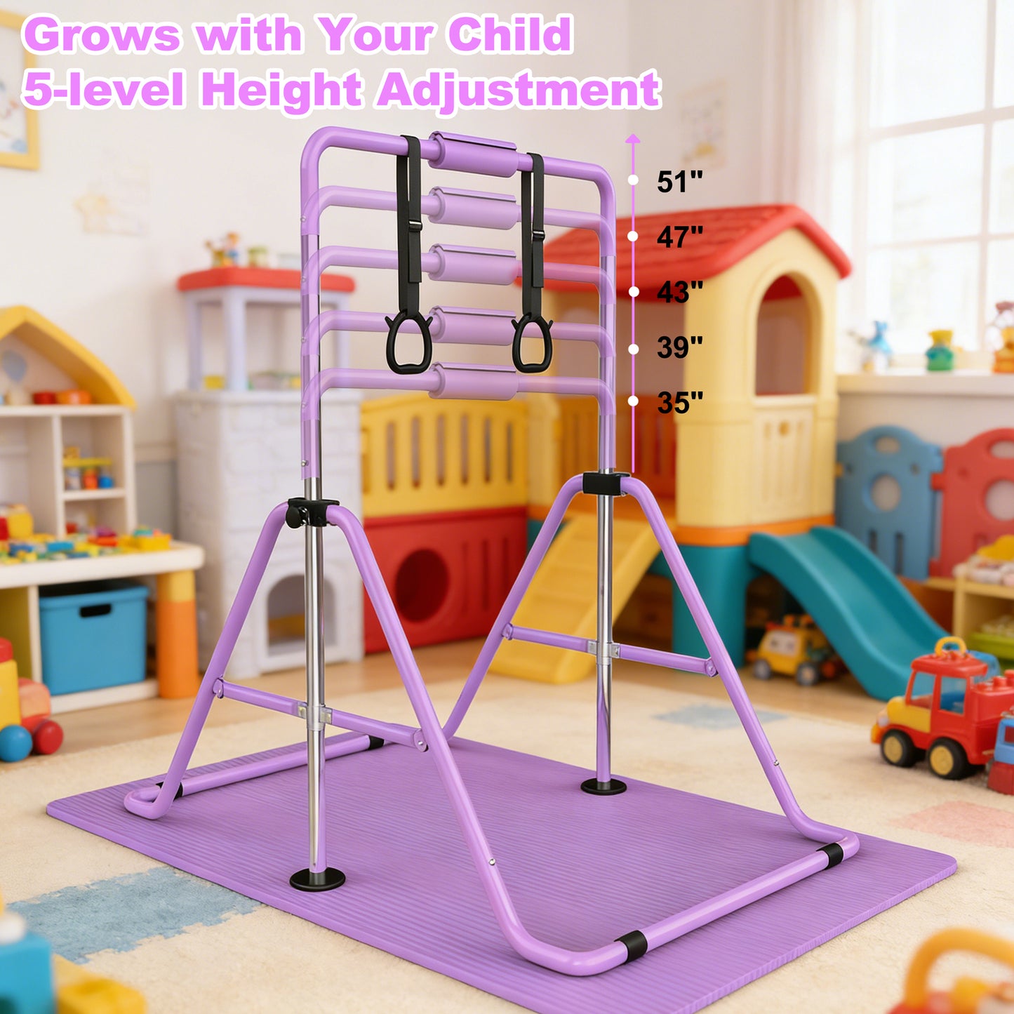 Adjustable Height Gymnastics Bar for Kids - Purple Training Bar with Mat