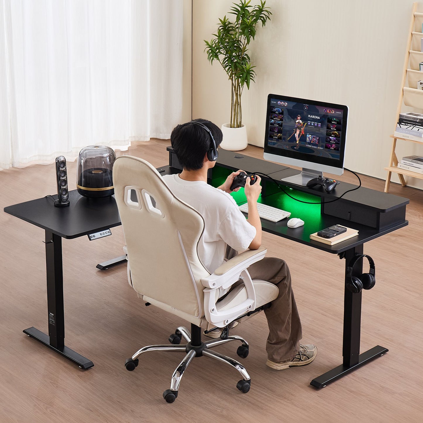 Electric Adjustable L-Shaped Gaming Desk with Light Strip - Black