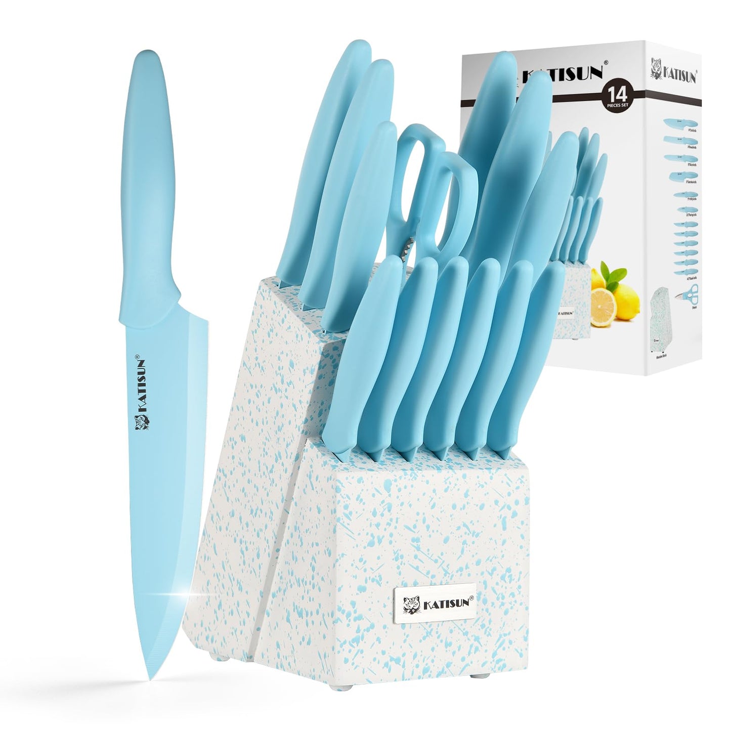 14-Piece Kitchen Knife Set with Block - Blue Non-Stick Stainless Steel