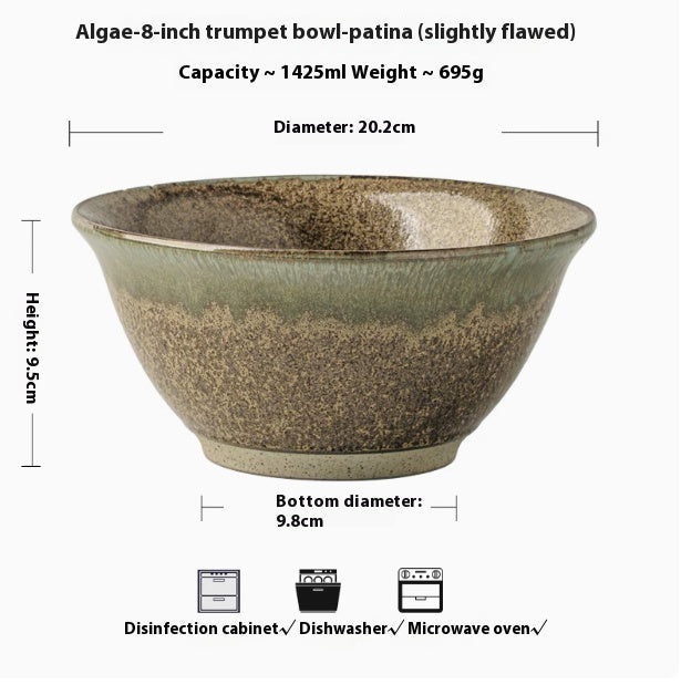 Large Ceramic Ramen Bowl - Vintage Open Noodle Bowl with Anti-Scald Feature, Verdigris