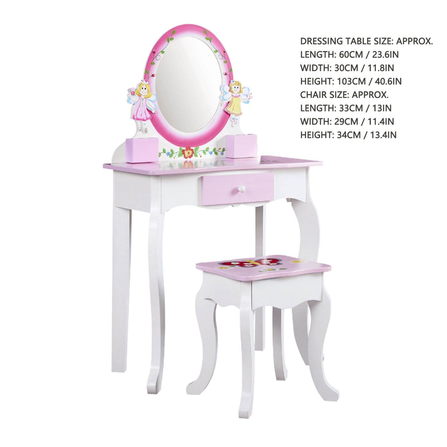 Kids Vanity Set Floral Printed Wooden Makeup Dressing Princess Table