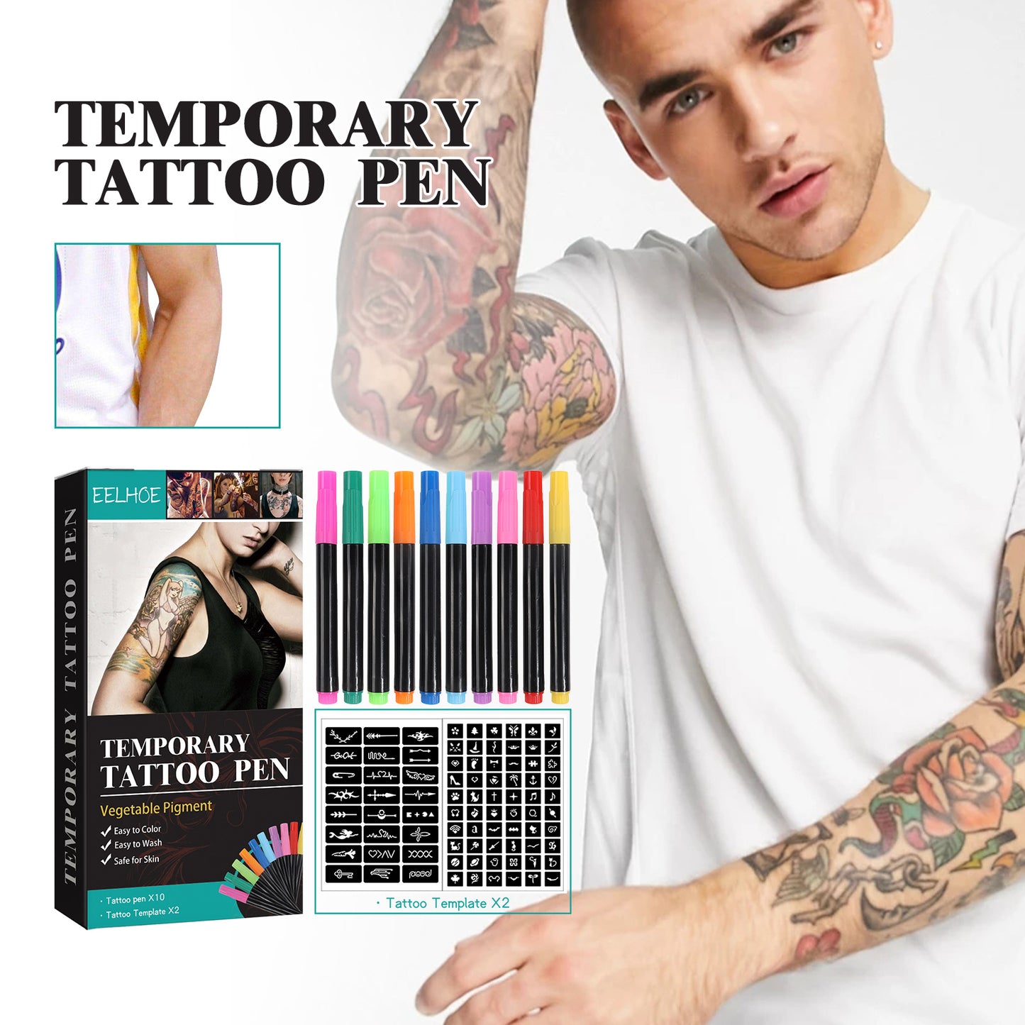 Temporary Tattoo Pen and Stencil Set for Skin Art DIY