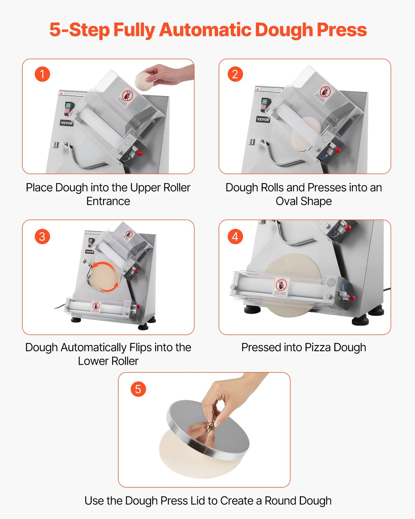 Automatic Commercial Pizza Dough Roller Sheeter 14 Inch, Adjustable Thickness, Silver