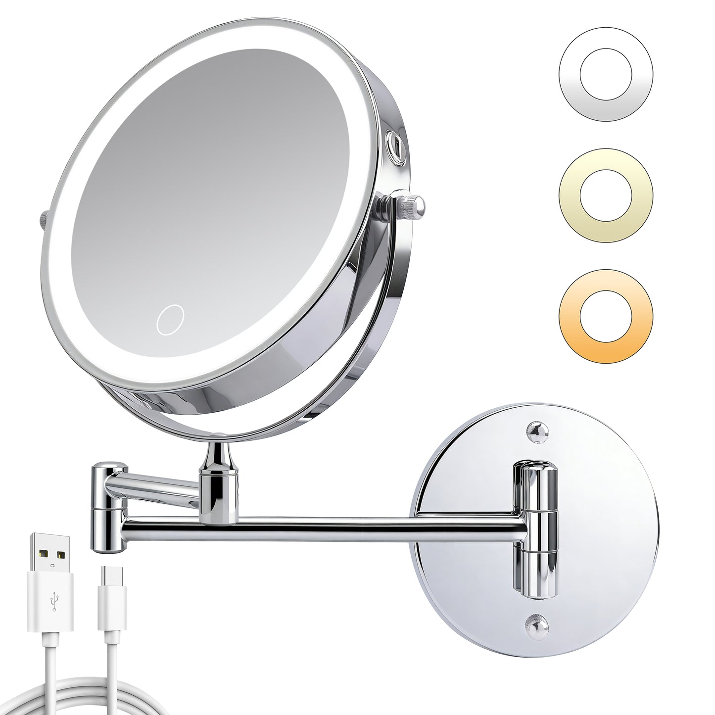 Rechargeable Wall Mounted Makeup Mirror with Lights - Chrome
