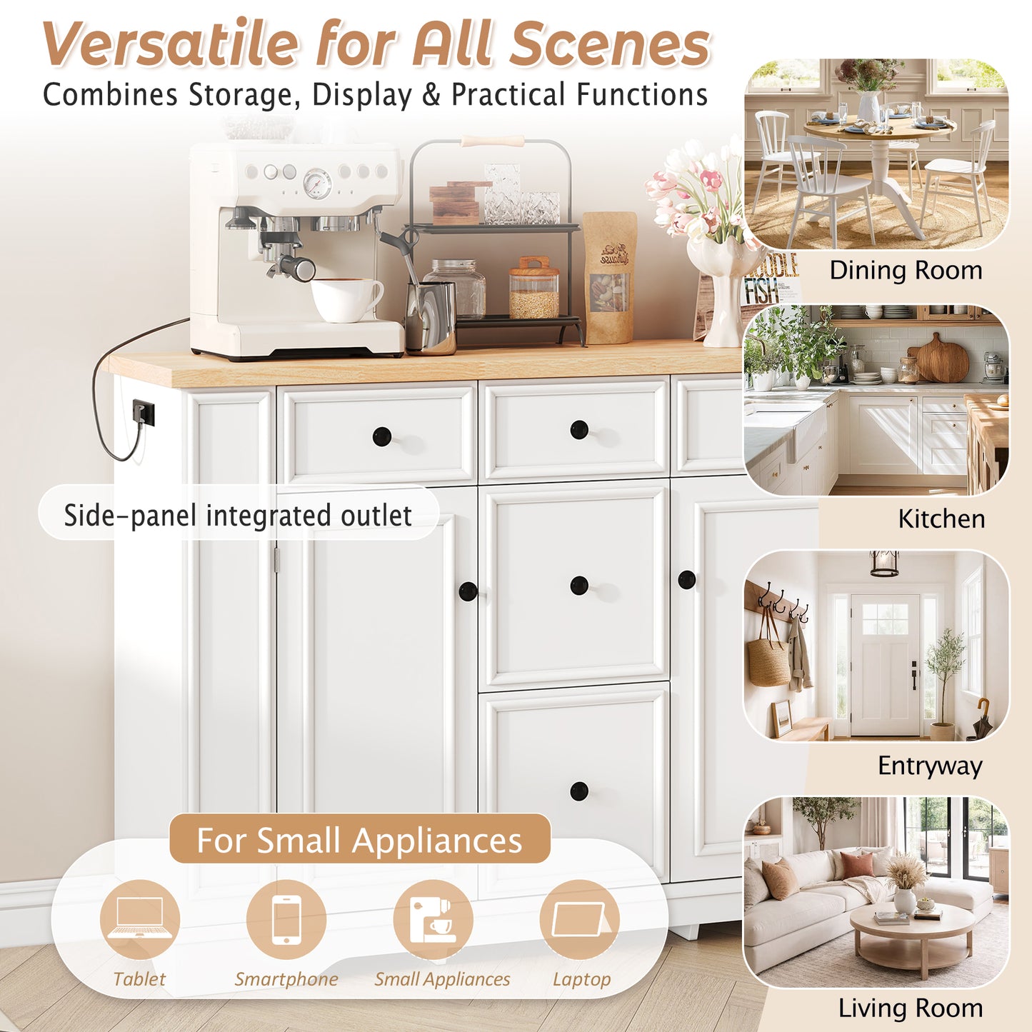 Sideboard Buffet Cabinet with 5 Drawers and 2 Cabinets - White