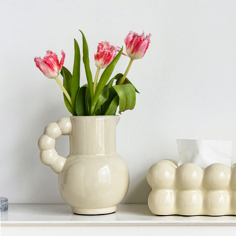 French Ceramic Vase Set - Cream, Black, and Beige Decorative Flowers & Tulips