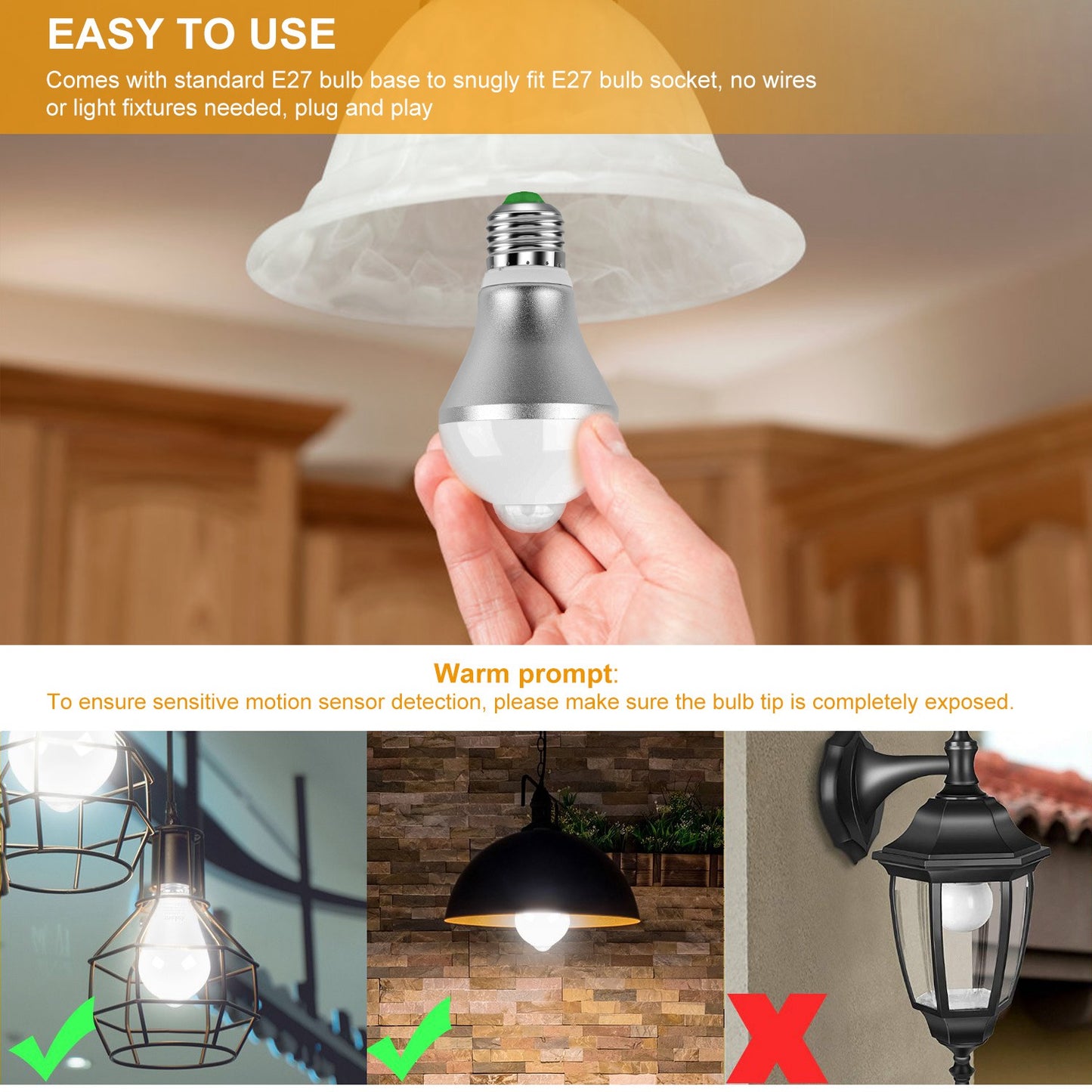 E27 Motion Sensor LED Light Bulb 9W Dusk to Dawn Indoor Outdoor
