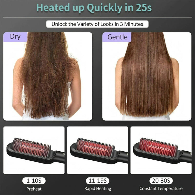 2-in-1 Hair Straightener Curling Iron Hot Comb with Negative Ions - Multi-Functional Electric Hair Styling Brush
