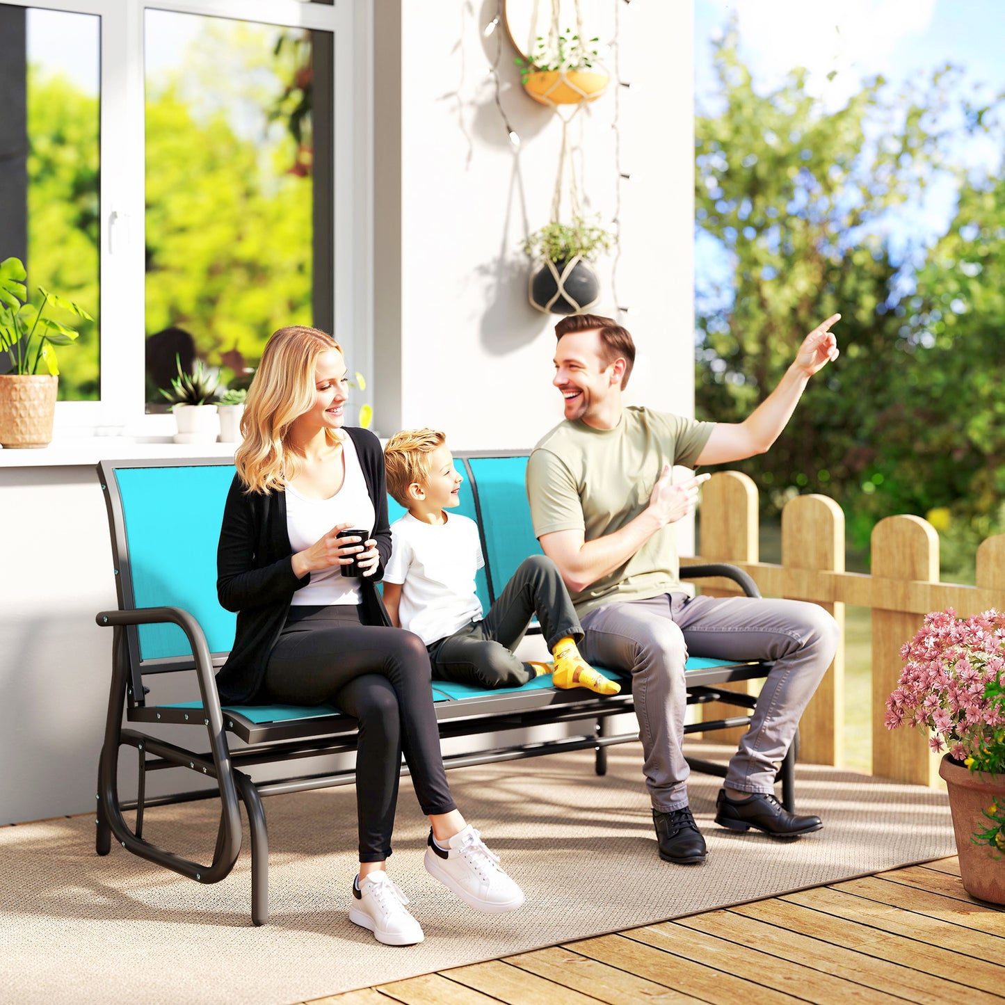 3-Person Outdoor Patio Glider Bench - Breathable Mesh, Metal Frame, Blue
