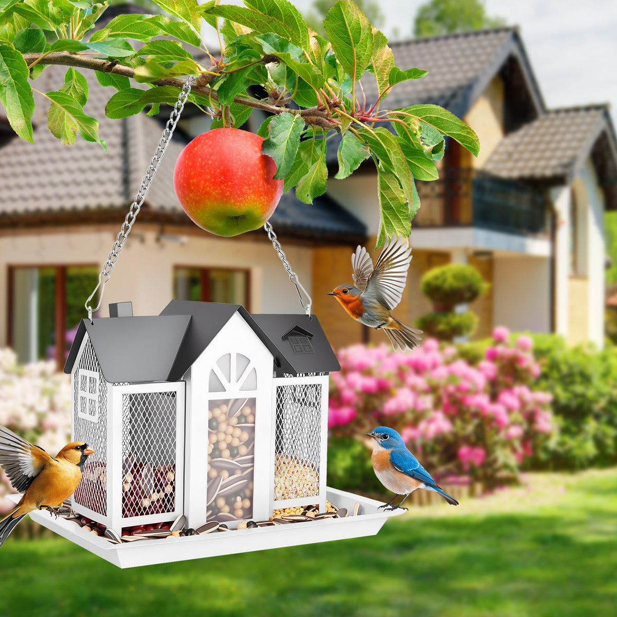 Metal Bird Feeder House with Visible Window & Lift Top - Outdoor Garden Decor