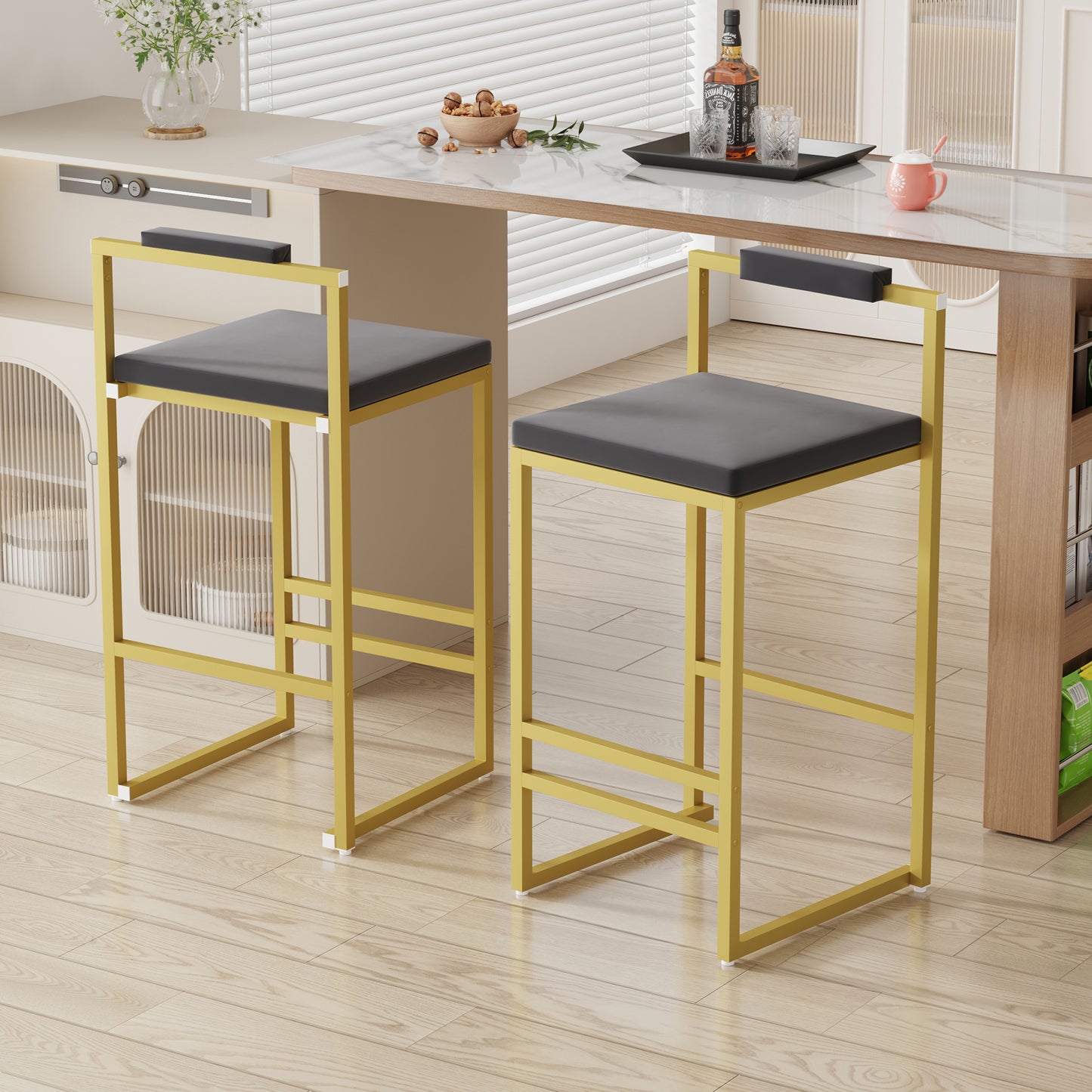 Set of 2 Velvet Upholstered Bar Stools with Backrest - Gray
