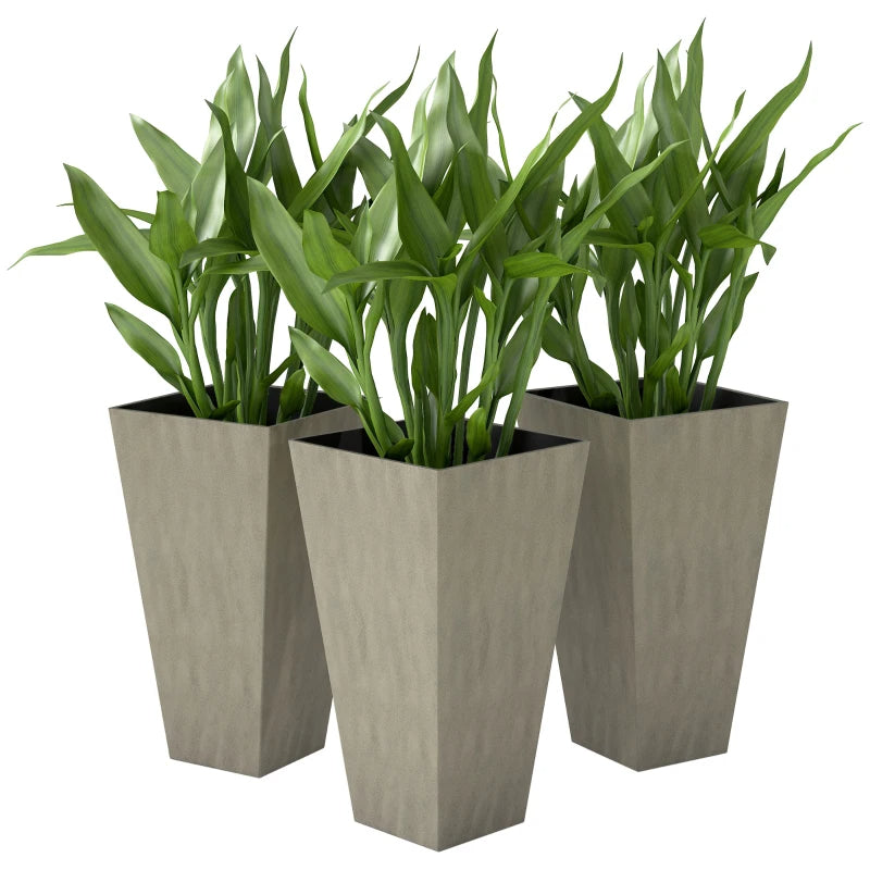 Set of 3 Tall Outdoor & Indoor Planters - 28 Inch Grey Tapered Pots with Drainage