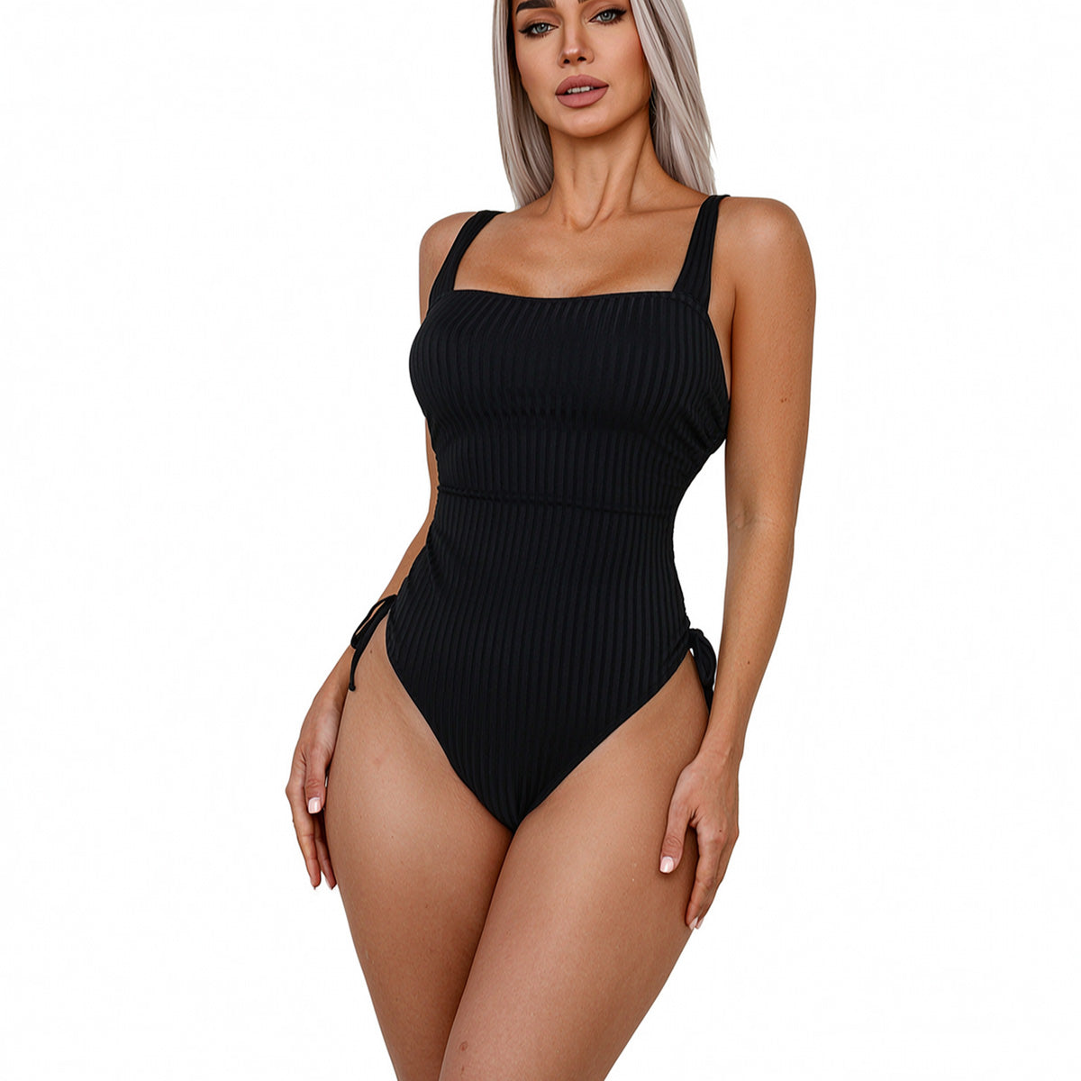 Ribbed Square Neck One Piece Swimsuit - Adjustable Side Tie High Cut
