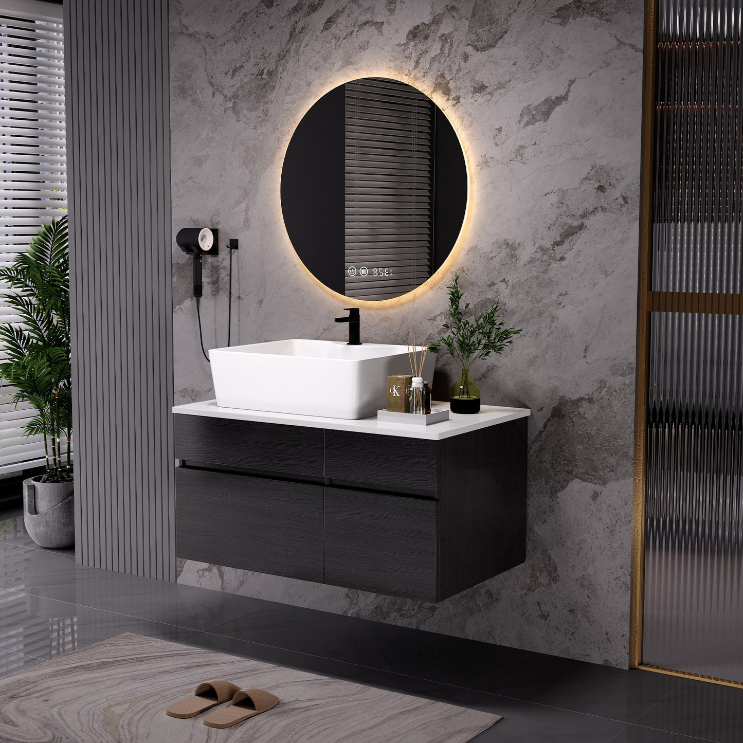 Floating Bathroom Vanity with Sink - 31.5 Inches, Black/White