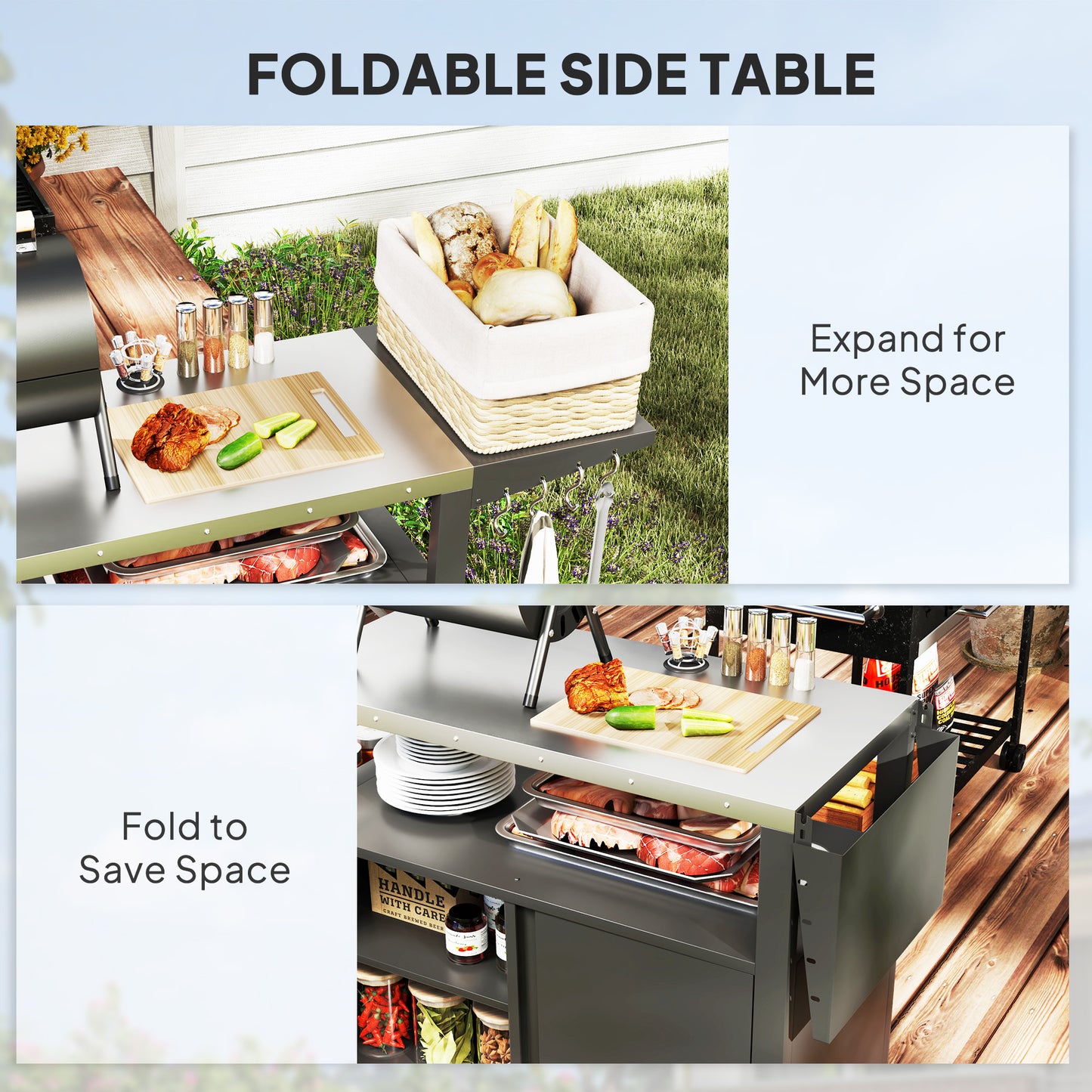 Outdoor Grill Cart with Stainless Steel Top & Foldable Side Table