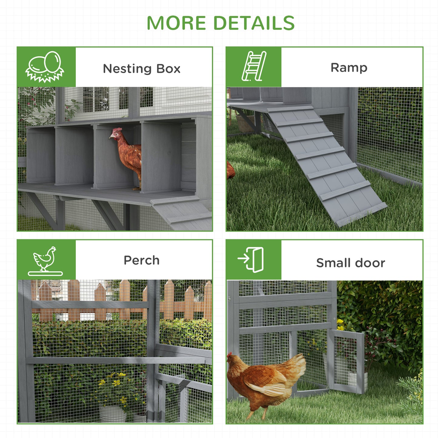 Large Chicken Coop with Nesting Box and Water-Resistant Cover - Gray, 1240x740x225mm