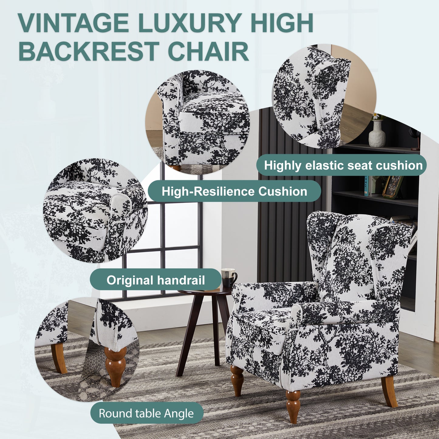 Coffee Table & Armchair Set,Vintage Luxury Style,a High-back Reading