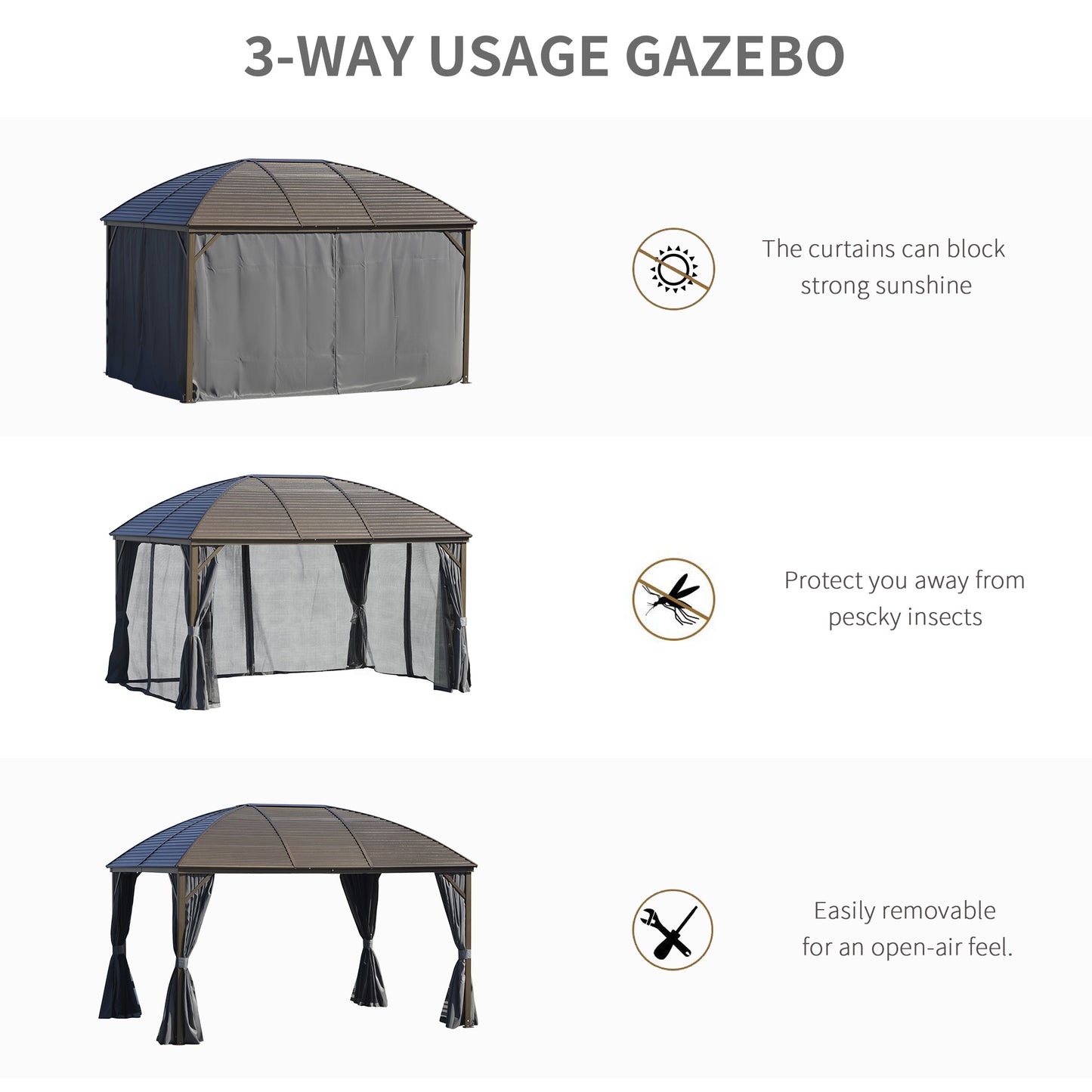 Gray Hardtop Gazebo with Steel Roof and Curtains for Patio