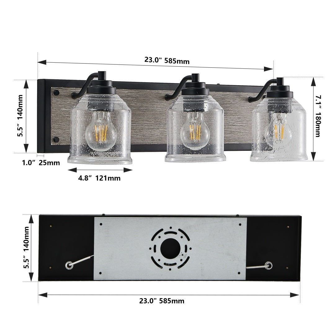 3-Light Farmhouse Vanity Light Fixture - Black & Wood Grain