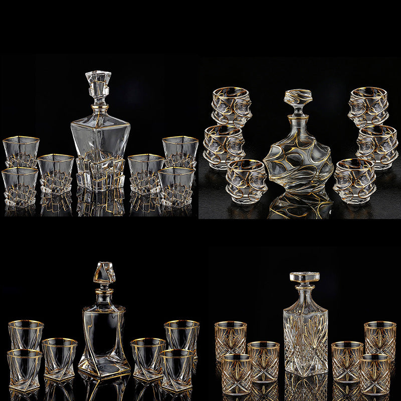Crystal Whisky Glass Set - Home Bar Drinkware with Gilded Pattern