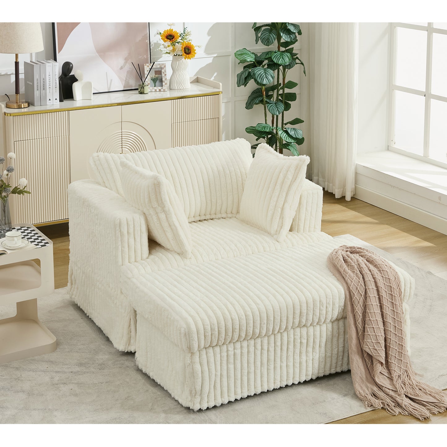 Oversized Corduroy Chaise Longue with Ottoman - Beige