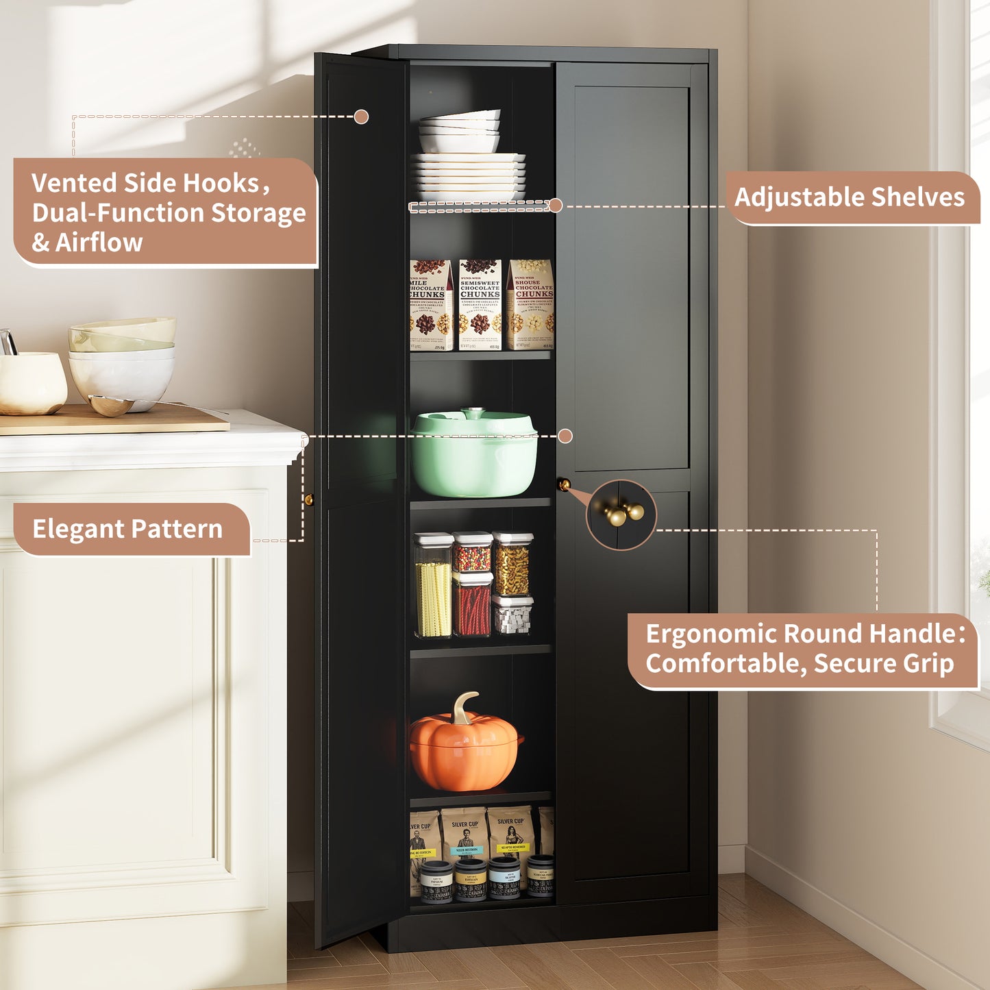 72 Black Metal Kitchen Pantry Cabinet With Doors, Heavy-Duty
