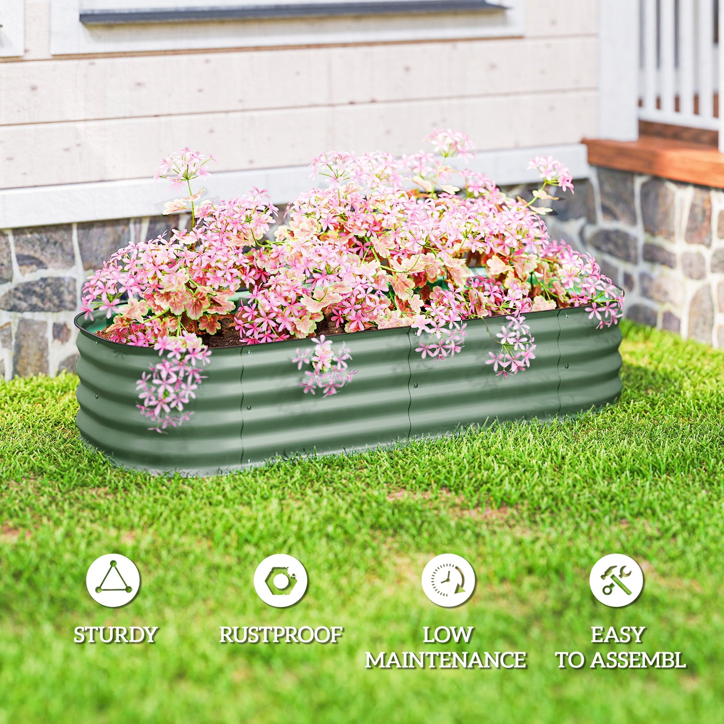 Galvanized Raised Garden Bed Kit - Modular Metal Planter Box with Safety Edging, Green, 595x360x170 mm