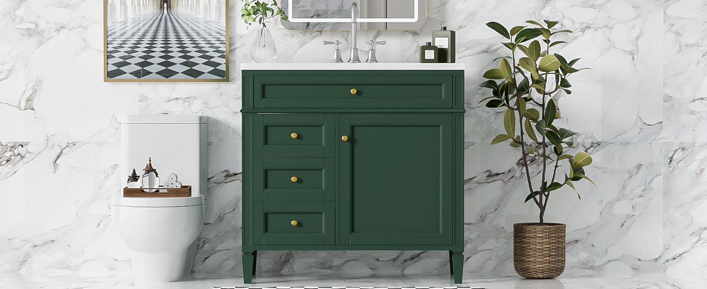 36'' Modern Bathroom Vanity with Sink & 3 Drawers - Garnet/Green