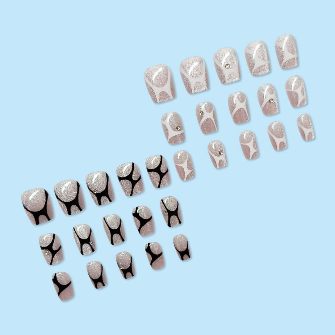 Short Rectangular Cat-Eye Gradient False Nails Kit with Gemstones & Stickers