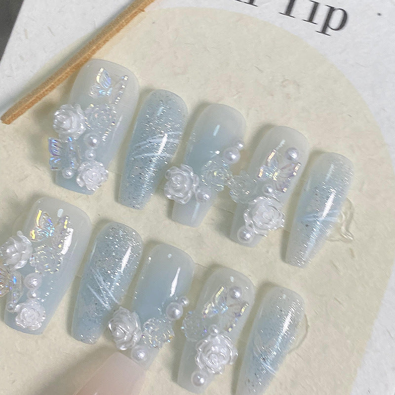 Handmade Wearable Nail Art Kit with Icy Camellia Design & Gradient Colors