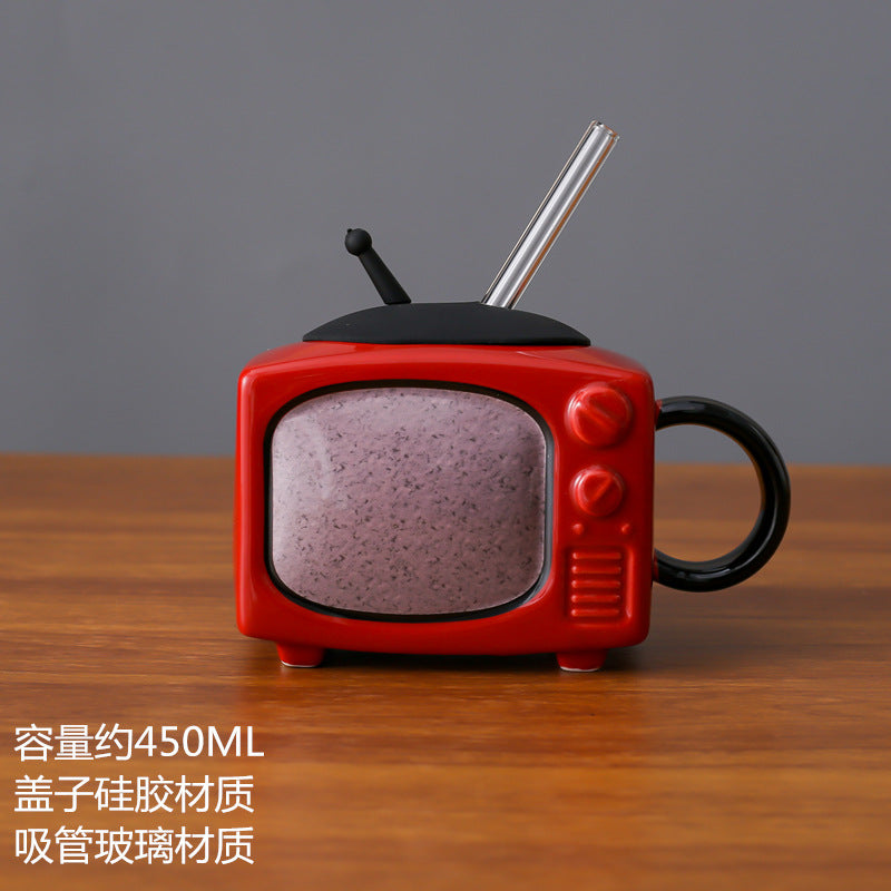 Creative Retro TV Ceramic Cup with Lid and Handle - 450ml, Multiple Colors