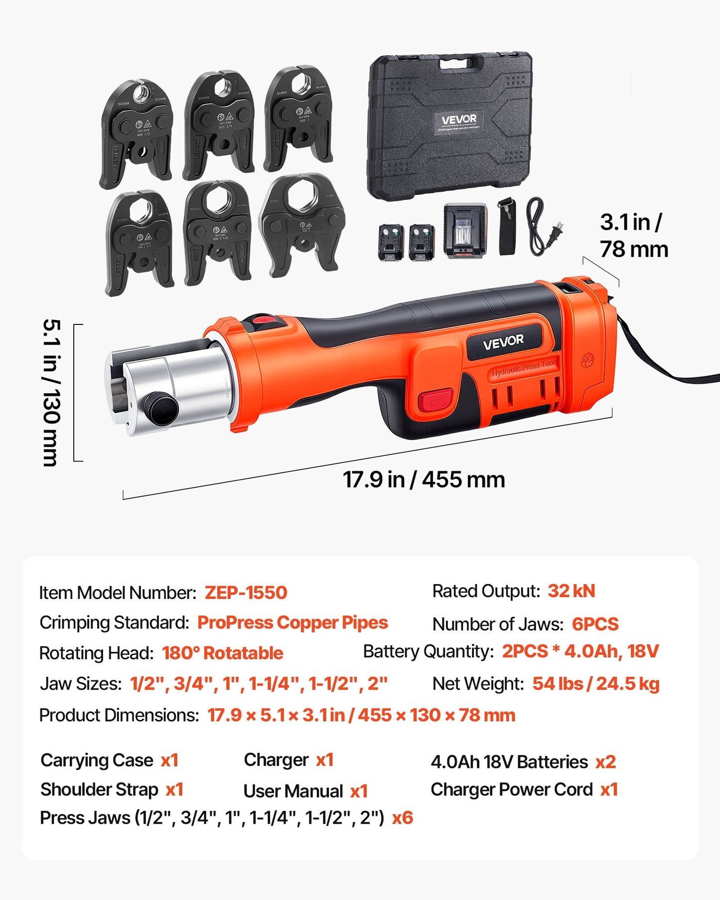Electric Pipe Crimping Tool 18V for Copper Pipes with 6 Jaws & Batteries